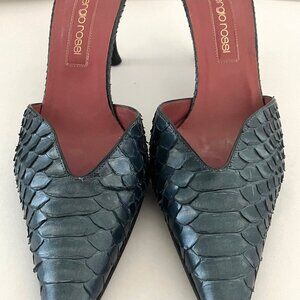 Sergio Rossi Designer Blue Snakeskin Mules - Size 8.5 Women's